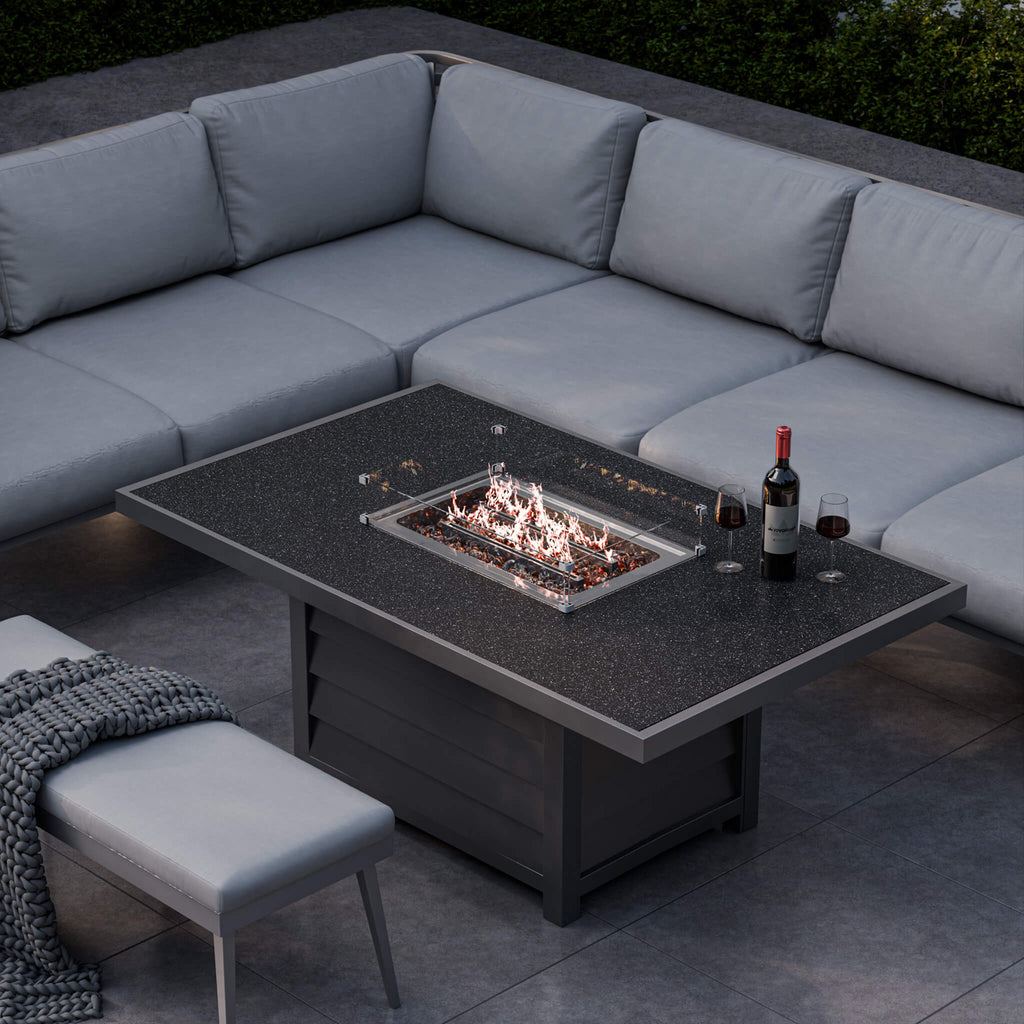 Dusklia - Mayfair Outdoor 8 Seater Corner Lounge Set with Fire Pit and Bench - Grey