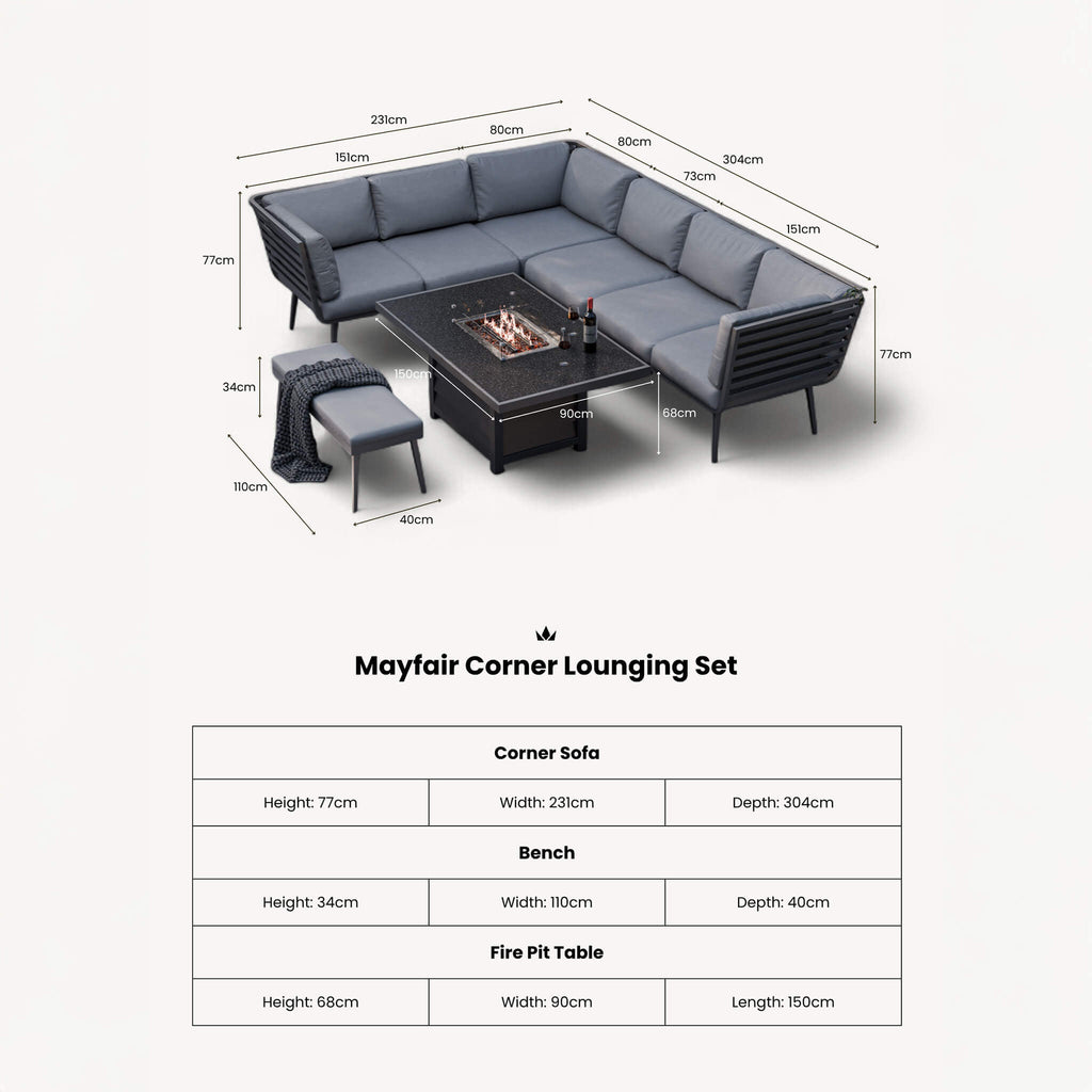 Dusklia - Mayfair Outdoor 8 Seater Corner Lounge Set with Fire Pit and Bench - Grey