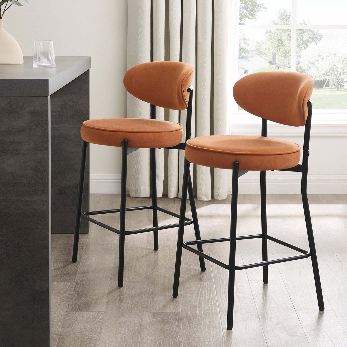 Dusklia - Mia Set of 2 Barstool - Matte Velvet - Burnt Orange