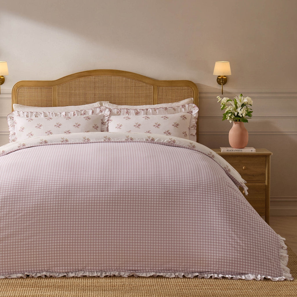 Dusklia - Mini Bouquet 100% Cotton Printed Muslin Reversible Duvet Cover & Pillowcase Set - White/Pink