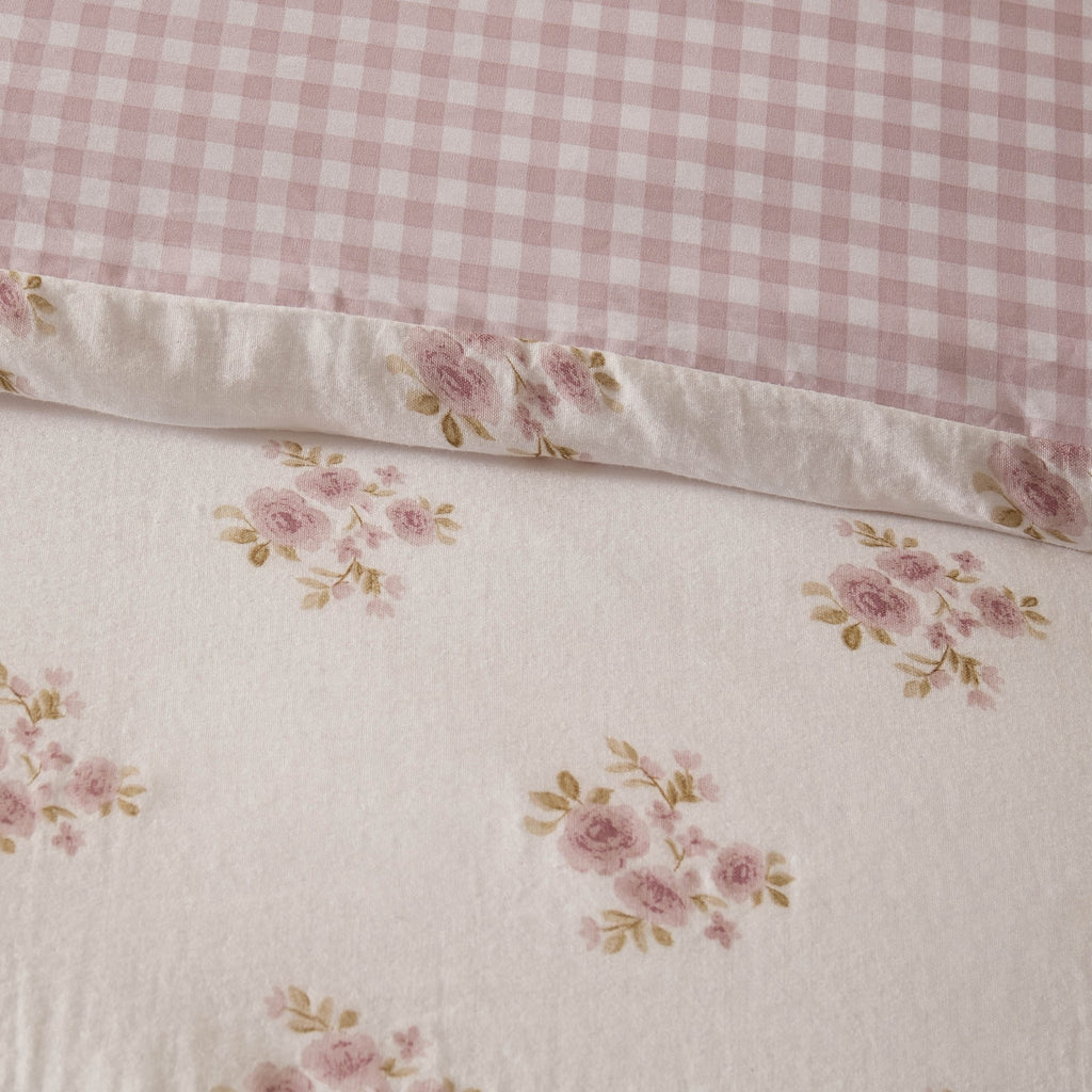 Dusklia - Mini Bouquet 100% Cotton Printed Muslin Reversible Duvet Cover & Pillowcase Set - White/Pink