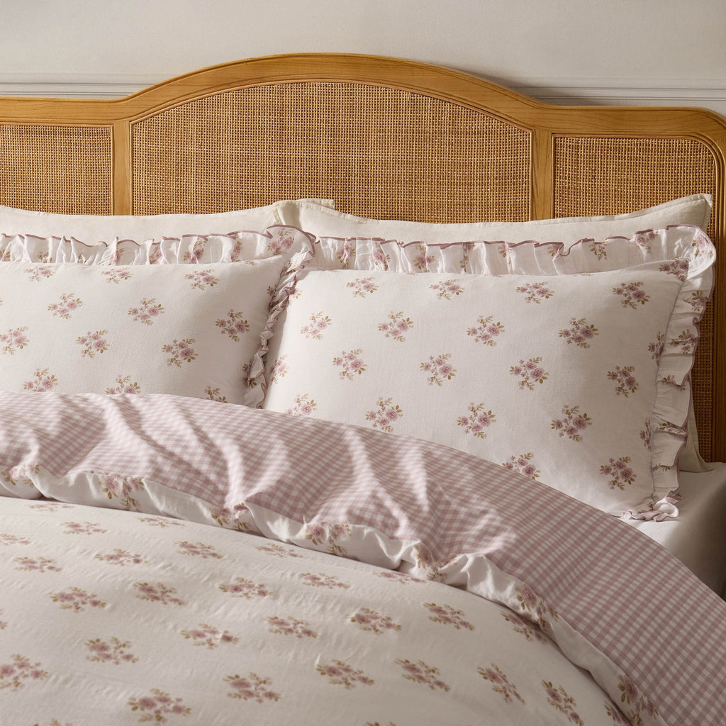 Dusklia - Mini Bouquet 100% Cotton Printed Muslin Reversible Duvet Cover & Pillowcase Set - White/Pink