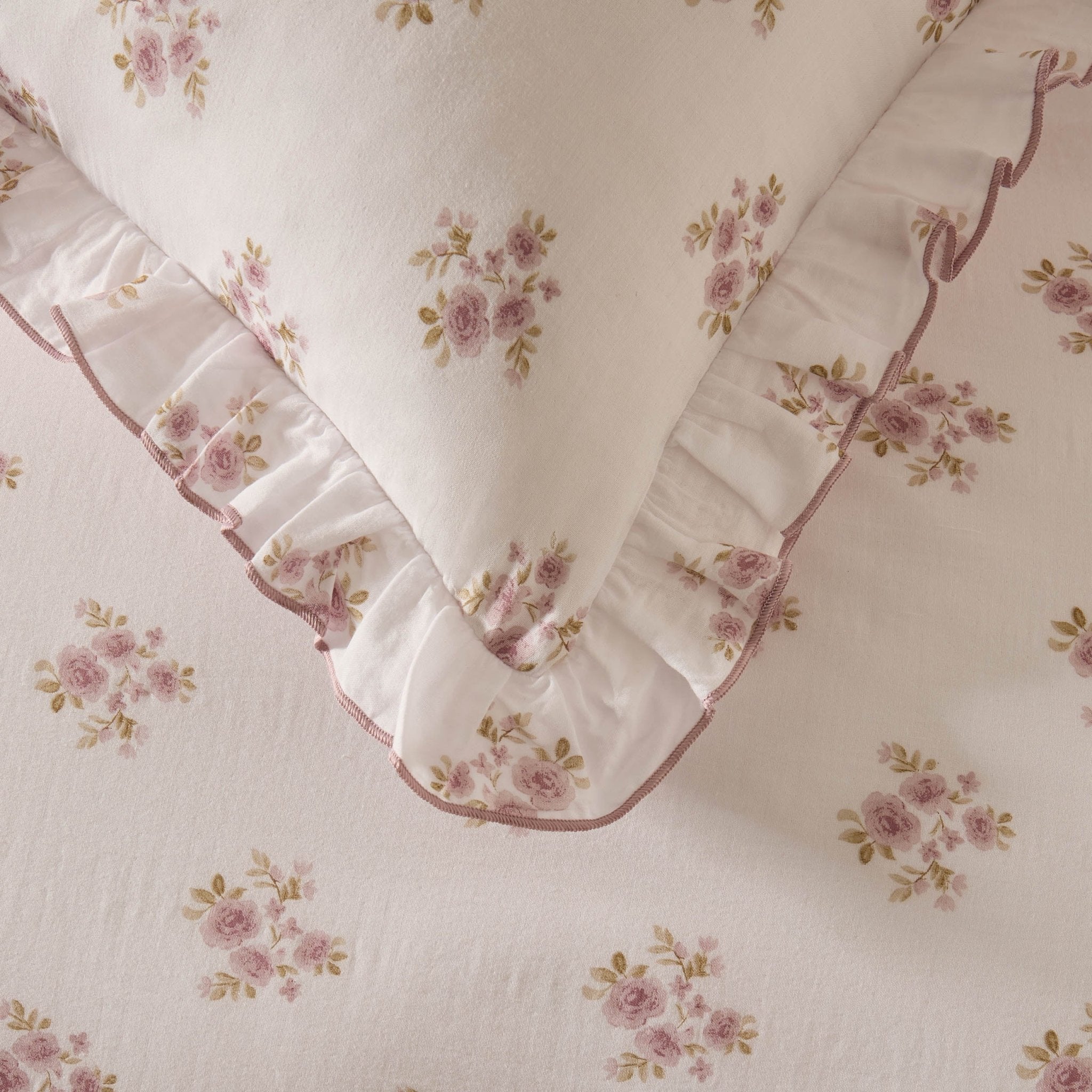 Dusklia - Mini Bouquet 100% Cotton Printed Muslin Reversible Duvet Cover & Pillowcase Set - White/Pink