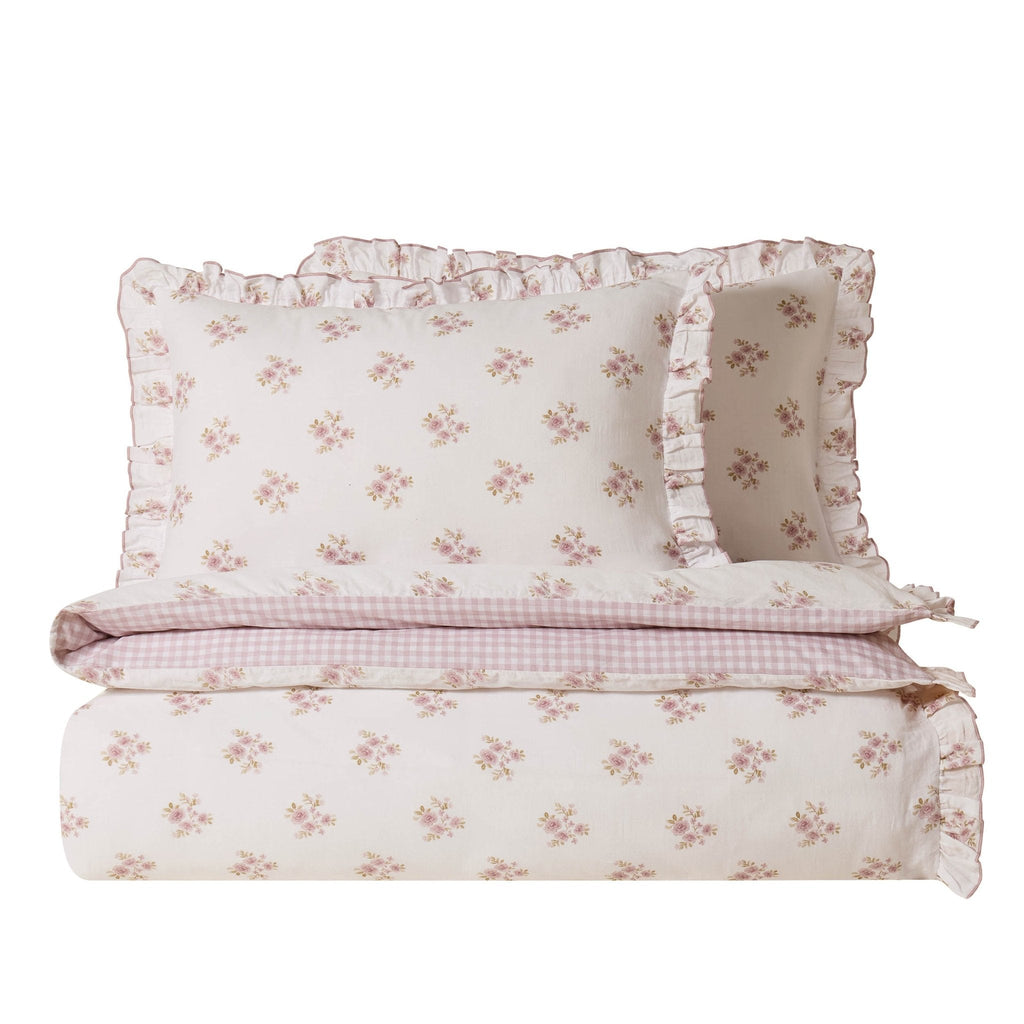 Dusklia - Mini Bouquet 100% Cotton Printed Muslin Reversible Duvet Cover & Pillowcase Set - White/Pink