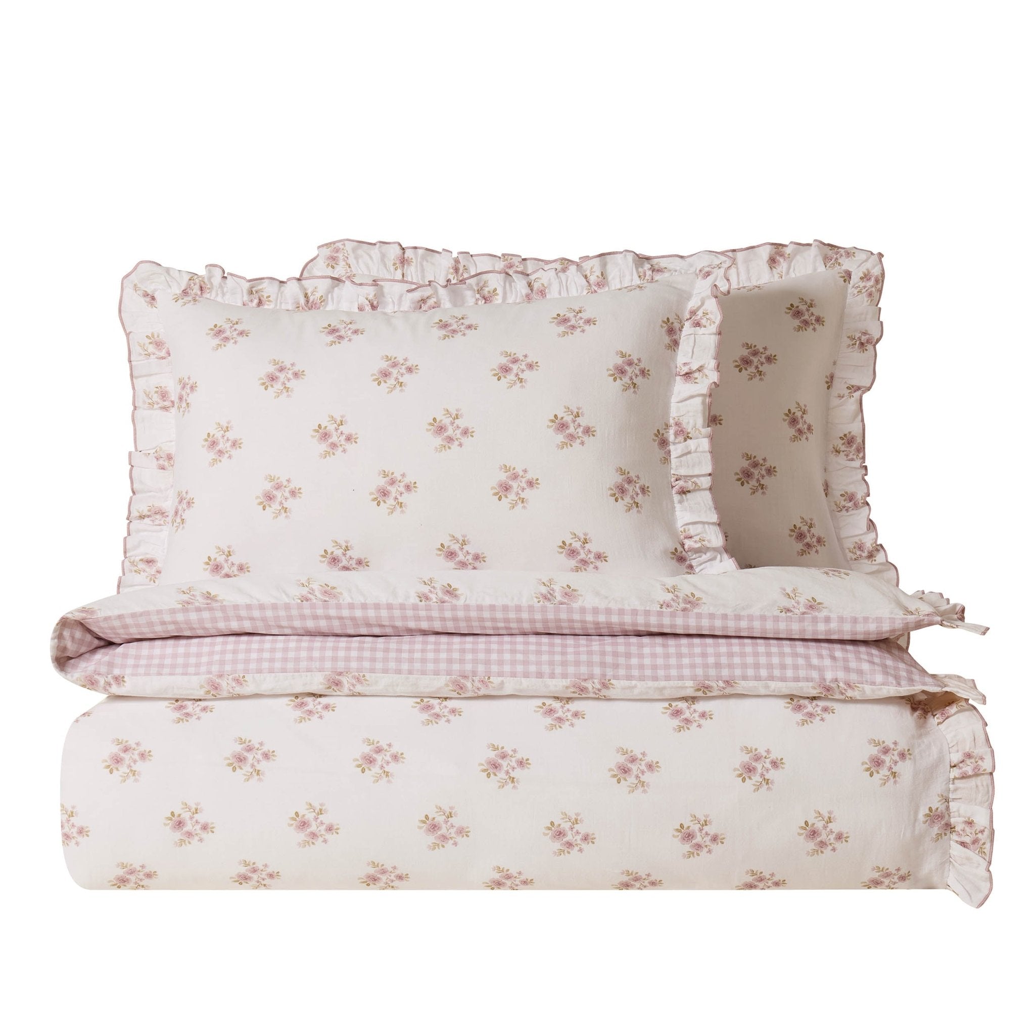 Dusklia - Mini Bouquet 100% Cotton Printed Muslin Reversible Duvet Cover & Pillowcase Set - White/Pink