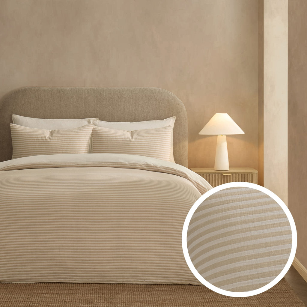 Dusklia - Miran Yarn Dyed Muslin Duvet Cover & Pillowcase Set - Natural/White