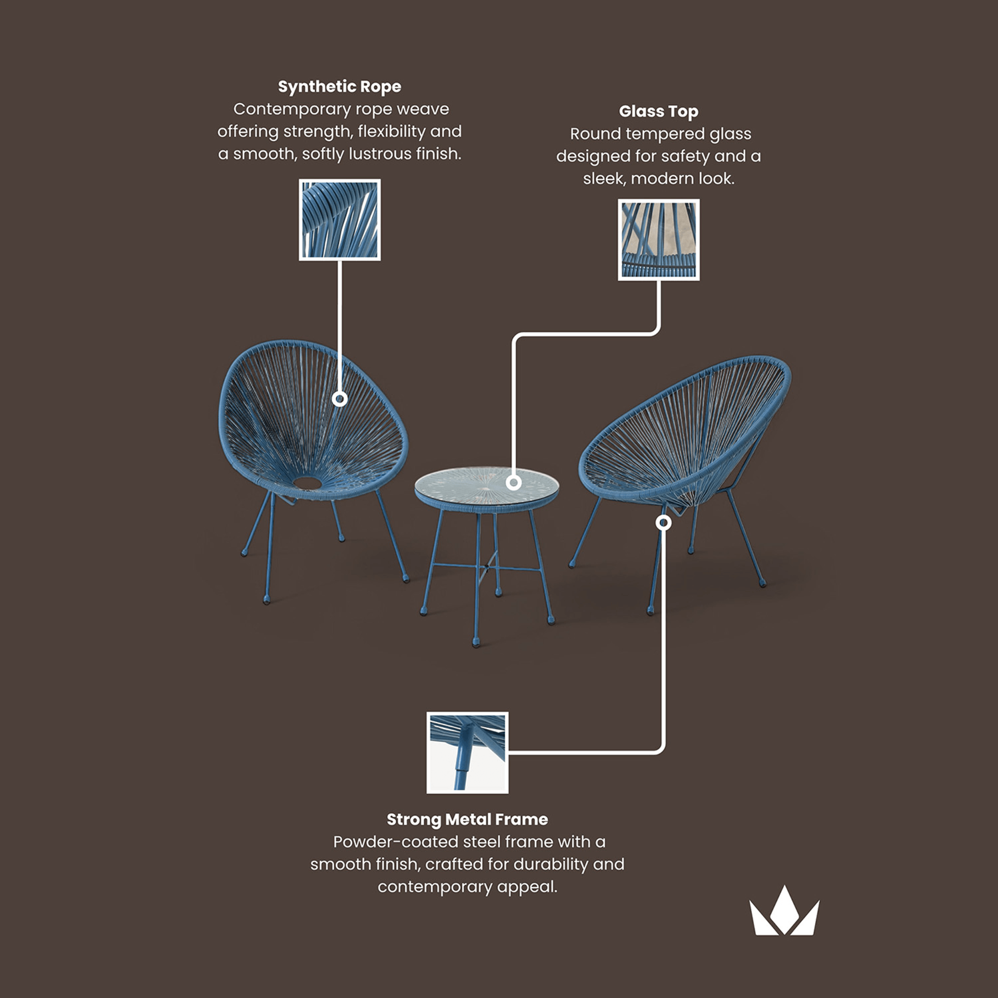 Dusklia - Monaco Outdoor 2 Seater Round Bistro Table and Egg Chairs - Blue