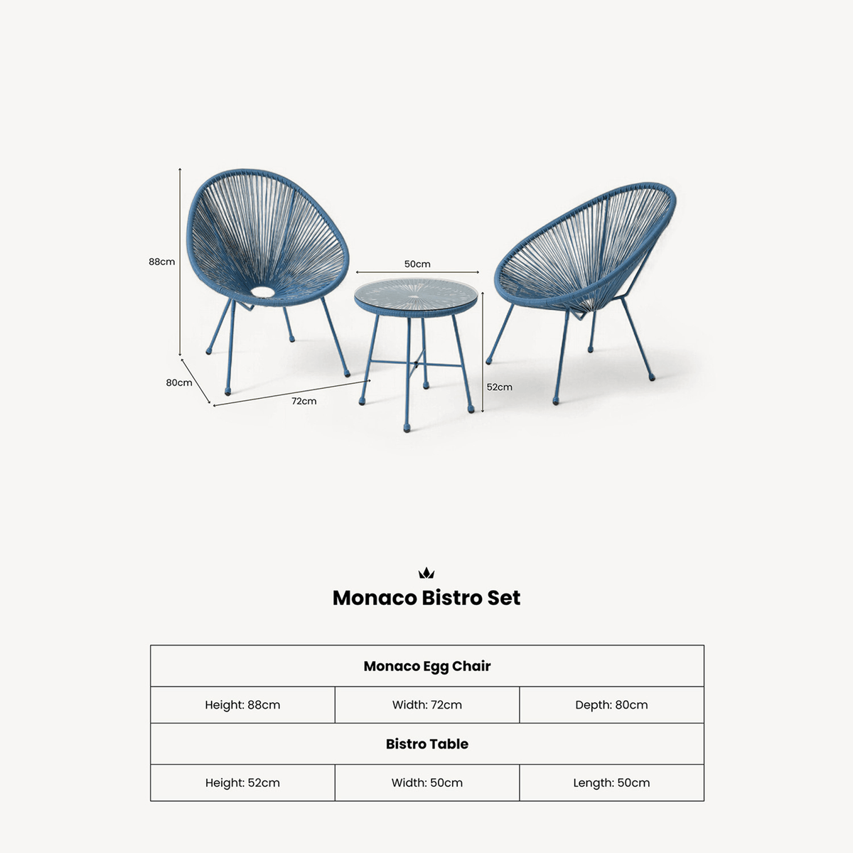 Dusklia - Monaco Outdoor 2 Seater Round Bistro Table and Egg Chairs - Blue