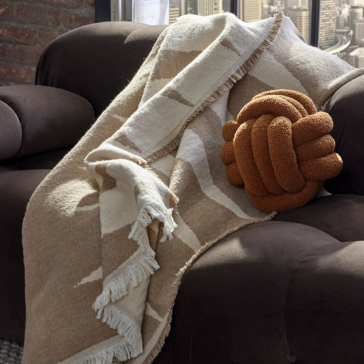 Dusklia - Motif Abstract Sofa Throw - Taupe