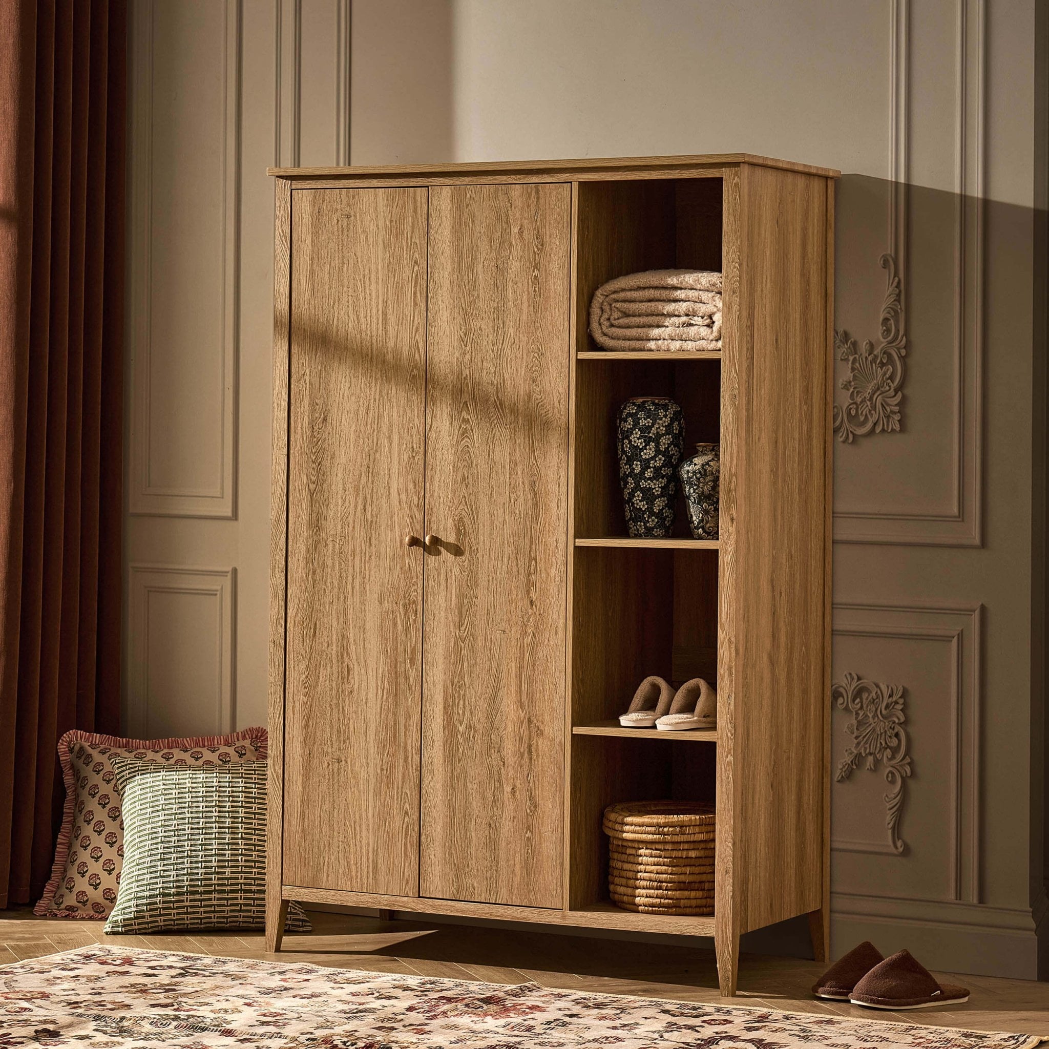Armoire 2 portes Nell avec étagères ouvertes - Bois clair