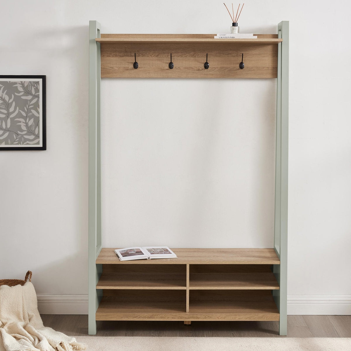 Dusklia - Nell Hallway Shelf with Hooks - Sage Green