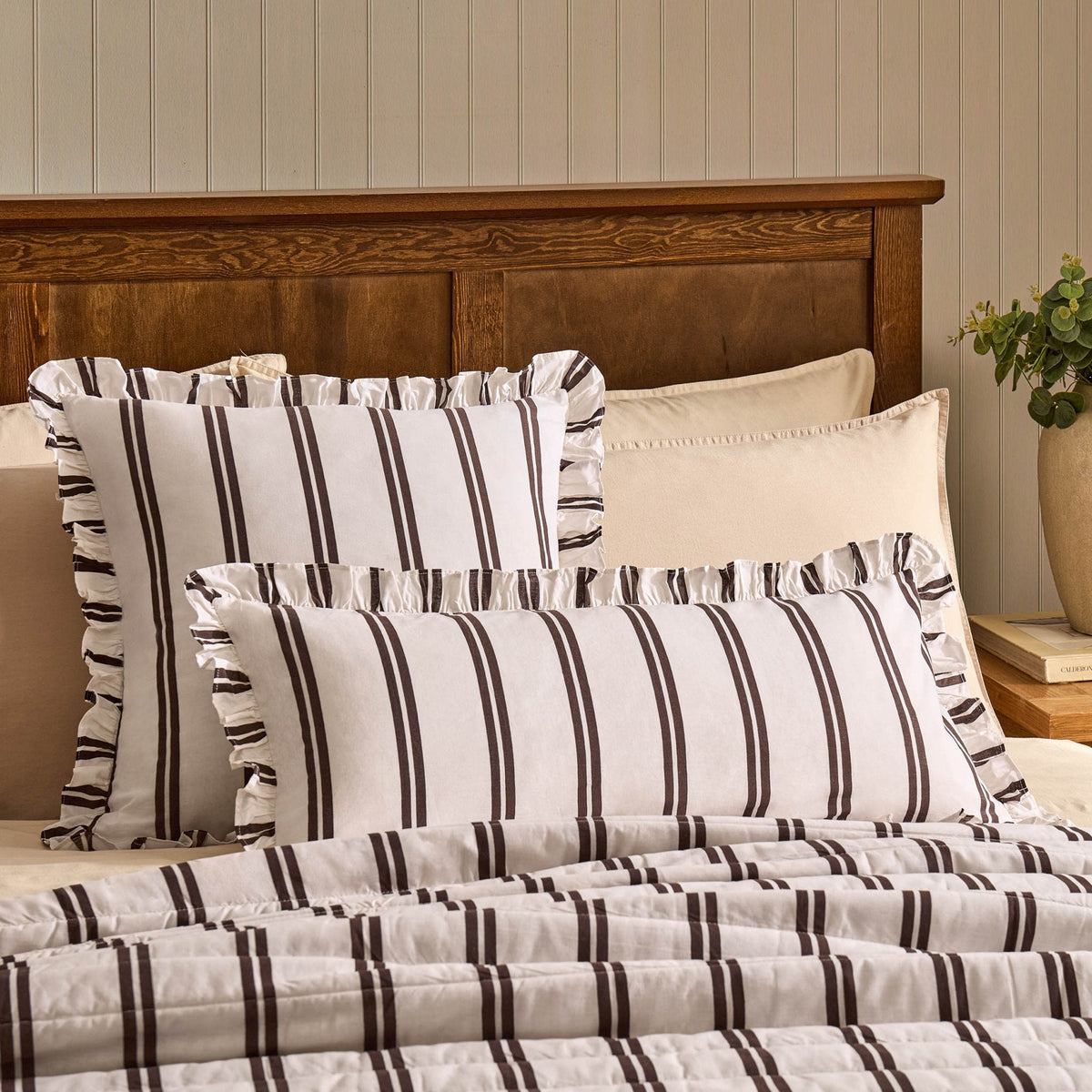 Dusklia - Noa Ruffle Edge Stripe Cushion Cover - Chocolate