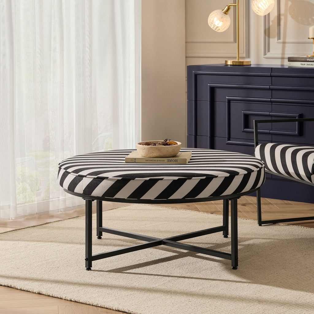 Dusklia - Northwich Black Metal Frame Pouffe - Mono Stripe