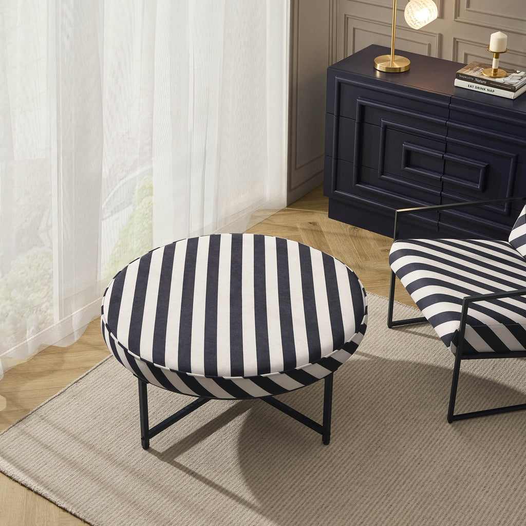 Dusklia - Northwich Black Metal Frame Pouffe - Mono Stripe