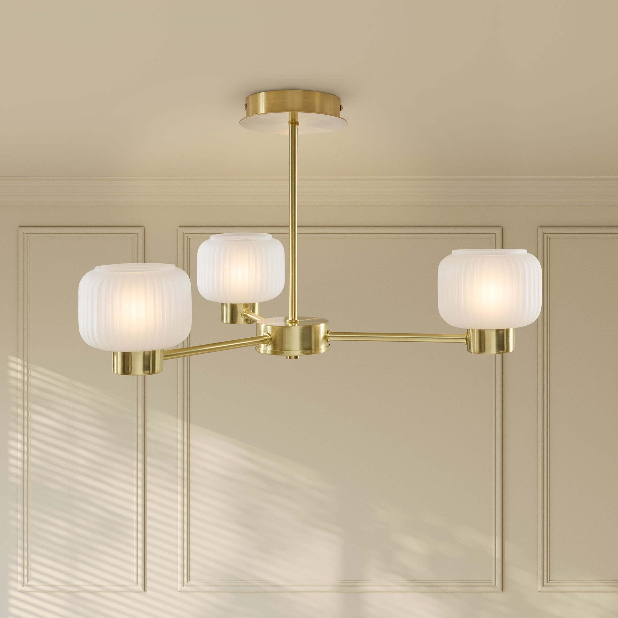 Dusklia - Octavia Ribbed Glass 3 Light Chandelier - Brass