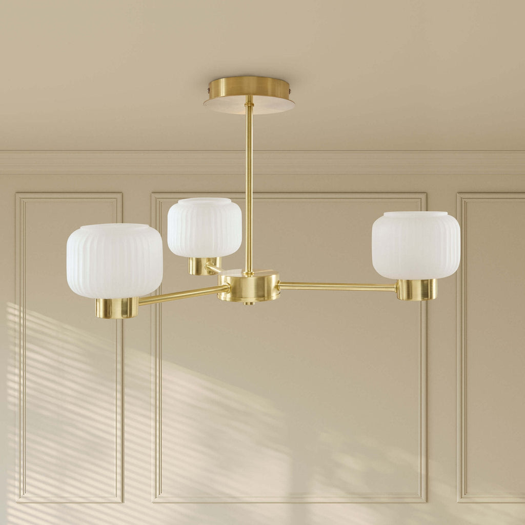 Dusklia - Octavia Ribbed Glass 3 Light Chandelier - Brass