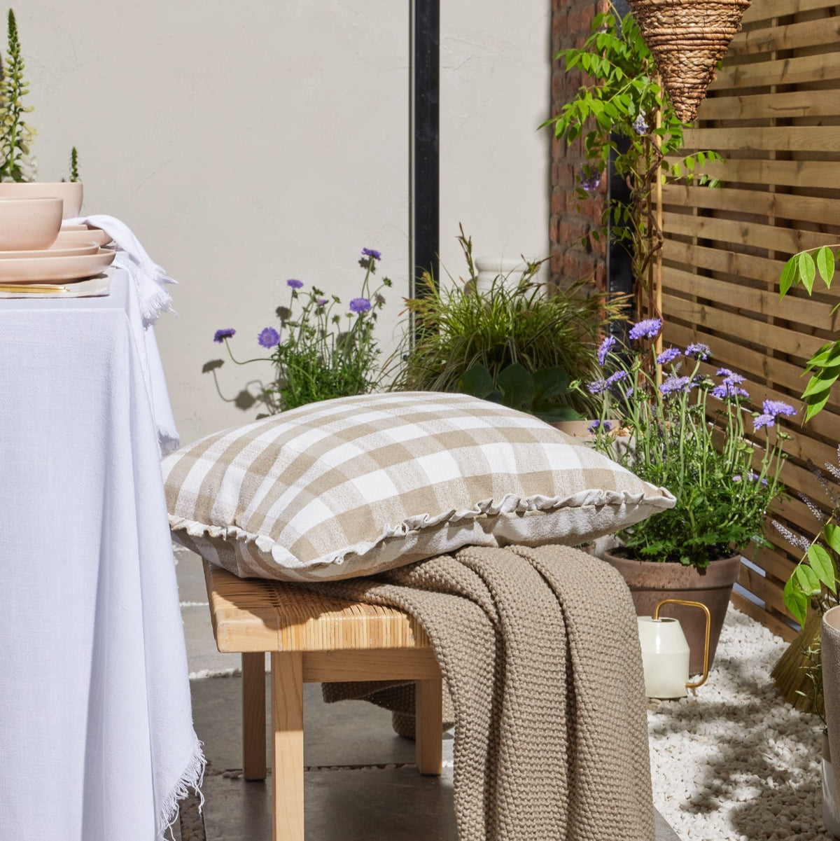 Dusklia - Pack of 2 Gingham Frill Edge Waterproof Outdoor Cushion Covers - Natural