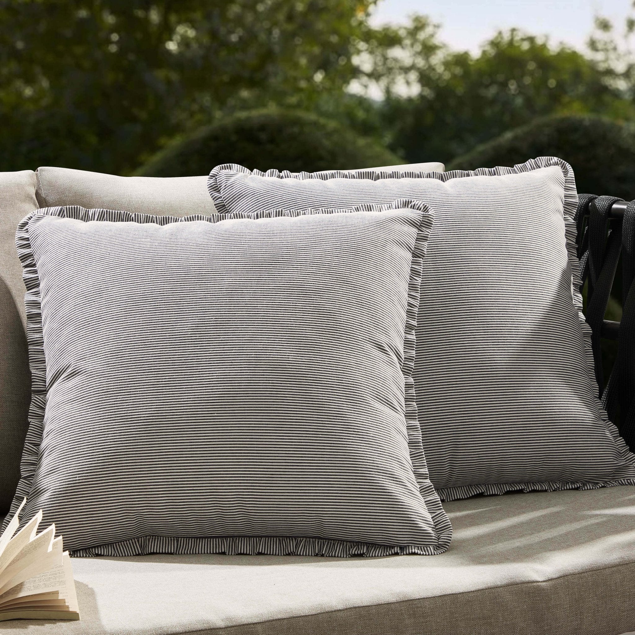 Dusklia - Pack of 2 Stripe Frill Edge Waterproof Outdoor Cushion Covers - Charcoal