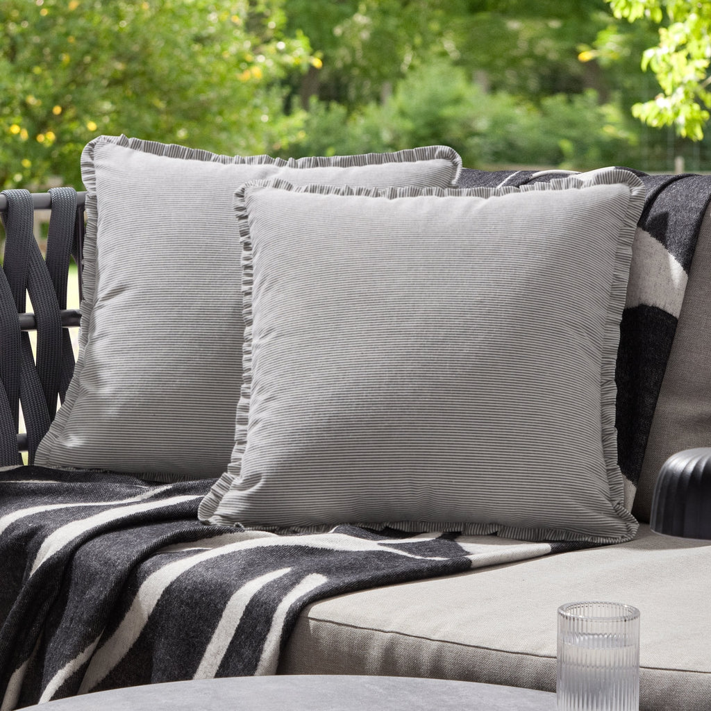 Dusklia - Pack of 2 Stripe Frill Edge Waterproof Outdoor Cushion Covers - Charcoal