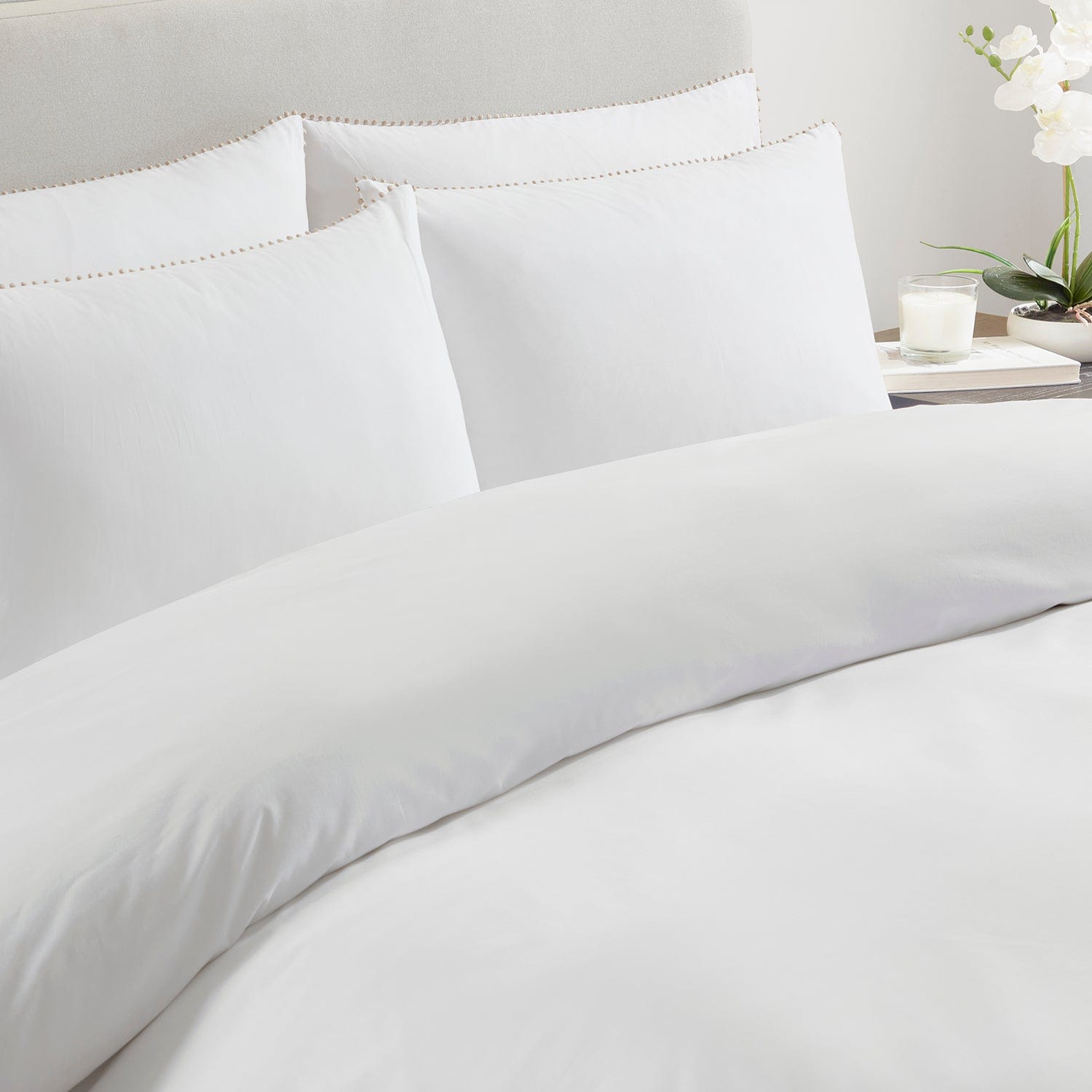 Dusklia - Pair Of Girona Pom-Pom Pillowcases - 200 Thread Count - Cotton - White/Natural