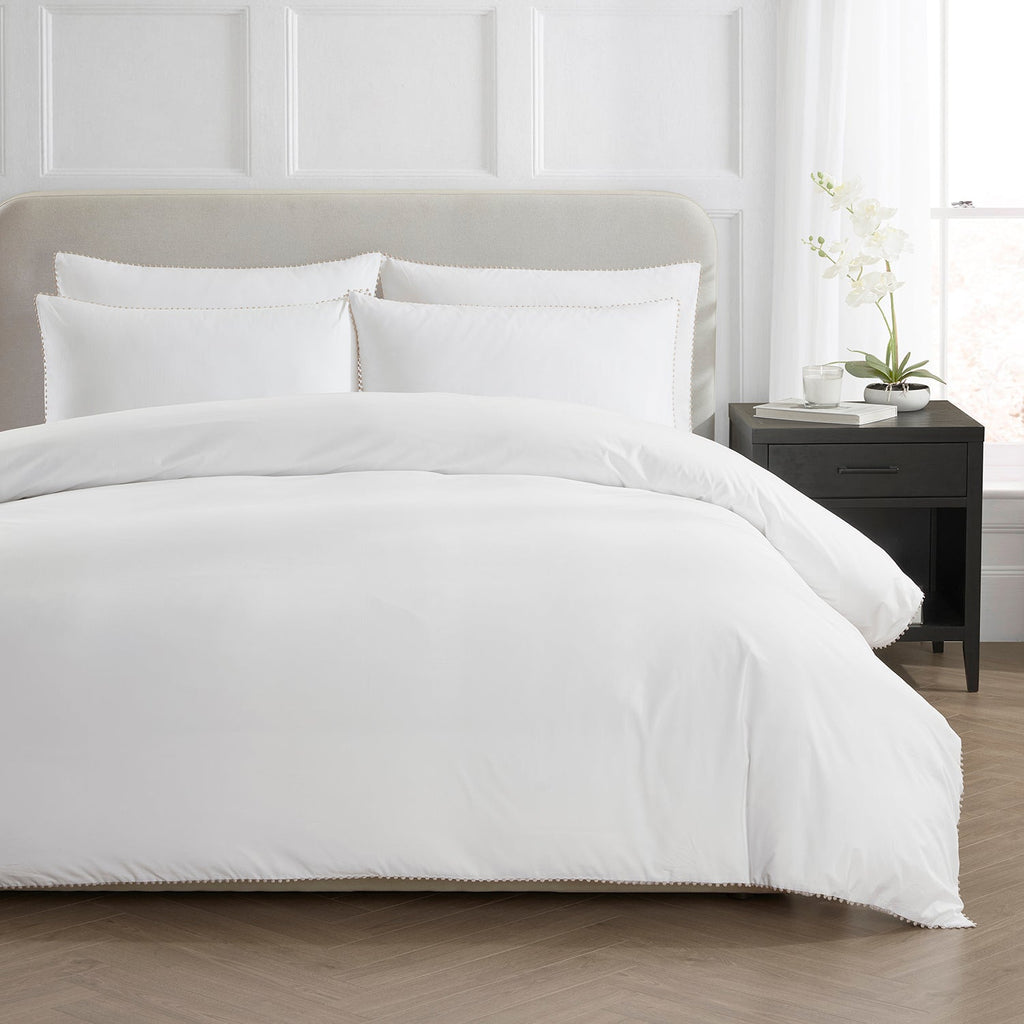 Dusklia - Pair Of Girona Pom-Pom Pillowcases - 200 Thread Count - Cotton - White/Natural