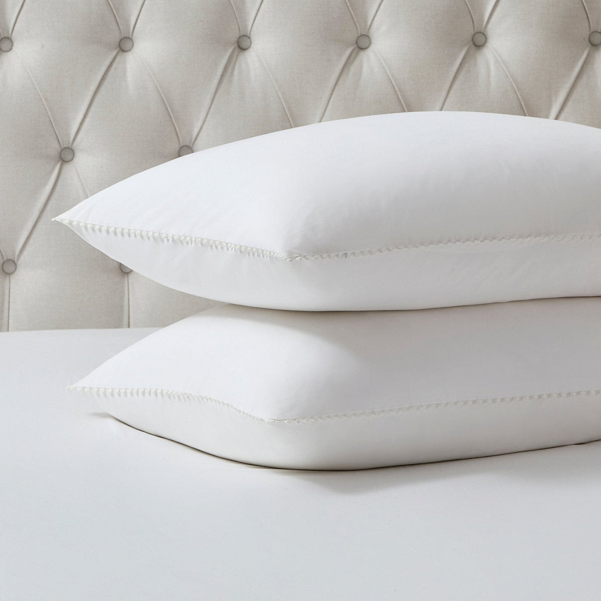 Dusklia - Pair of Girona Pom-Pom Pillowcases - 200 Thread Count - Cotton - White