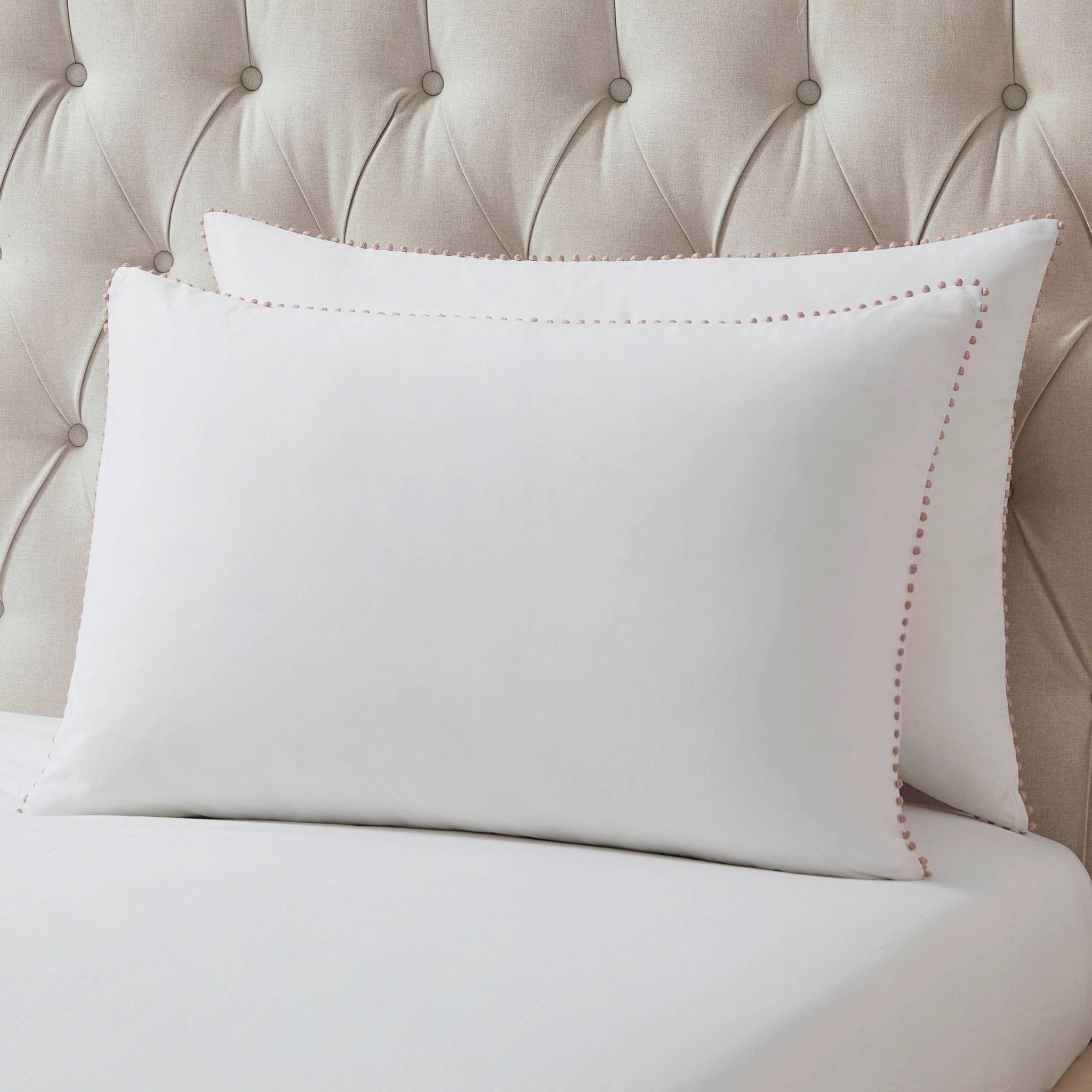 Dusklia - Pair of Girona Pom-Pom Pillowcases - 200 Thread Count - Cotton - White/Pink