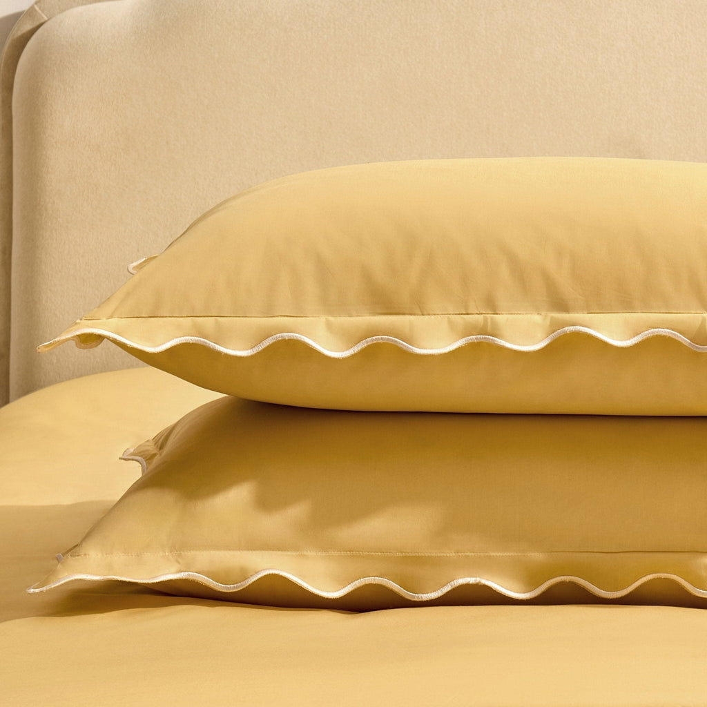 Dusklia - Pair of Grace Embroidered Edge 100% Cotton 200 Thread Count Oxford Pillowcases - Buttermilk