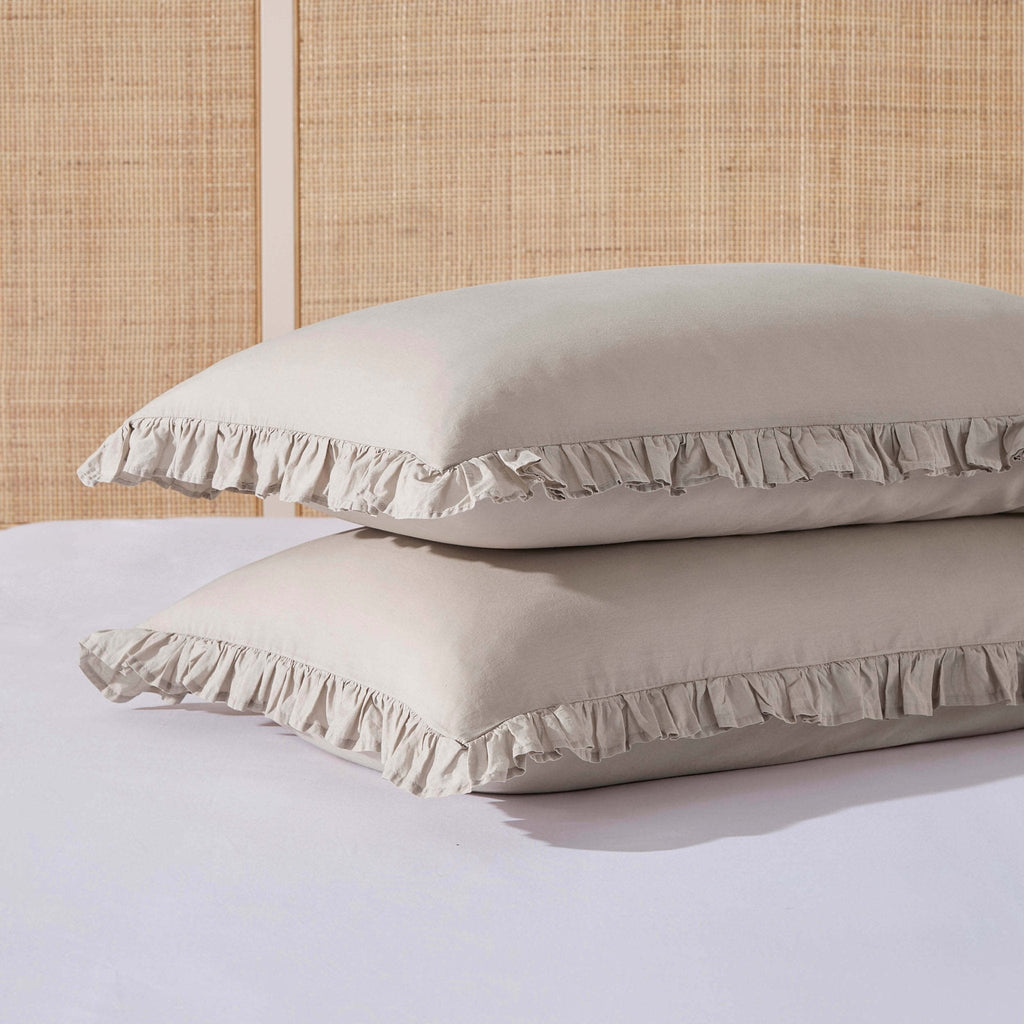 Dusklia - Pair of Marion Ruffle Edge Oxford Pillowcases - Washed Cotton - Sand