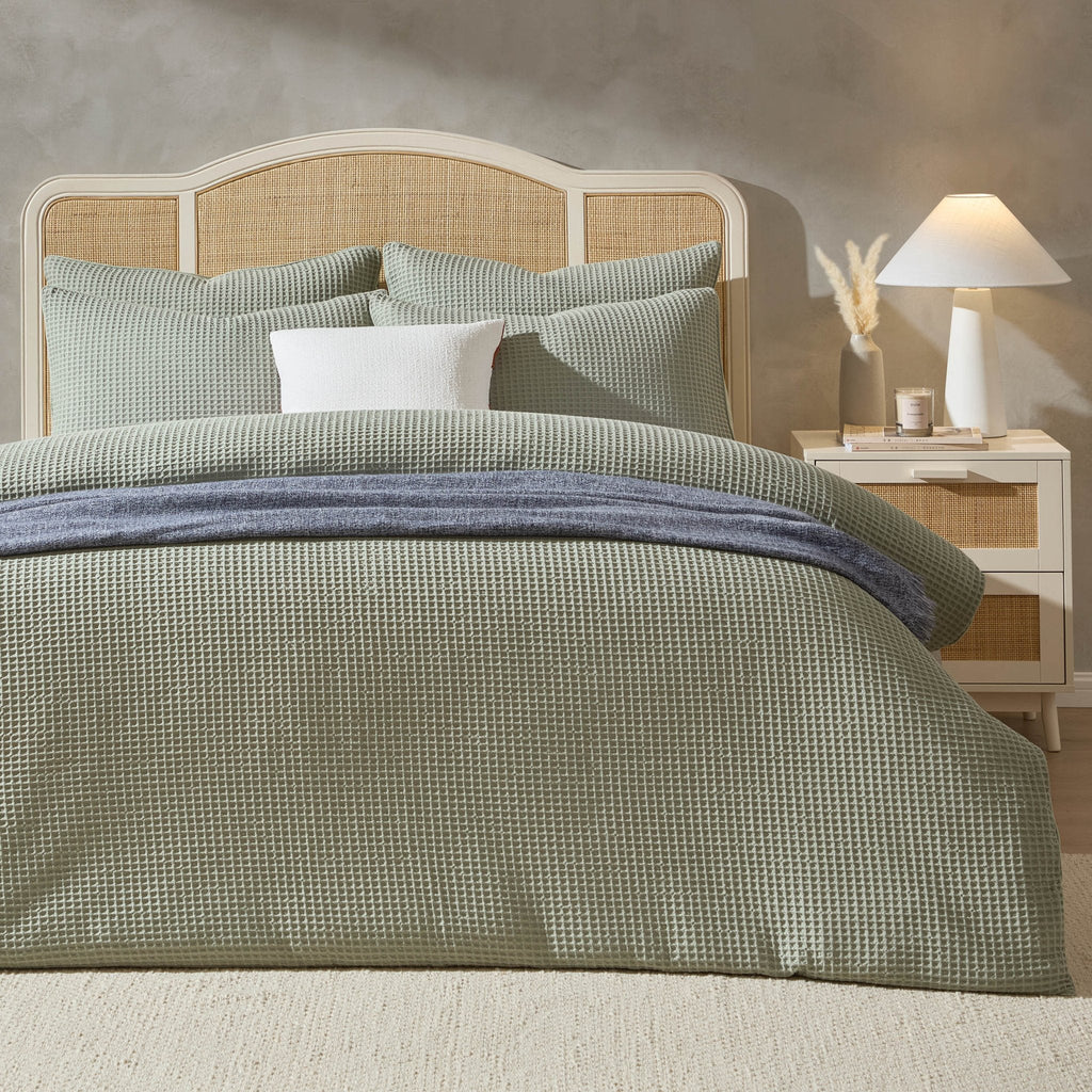 Dusklia - Portofino Waffle 100% Cotton Pair of Pillowcases 200 Thread Count - Sage Green