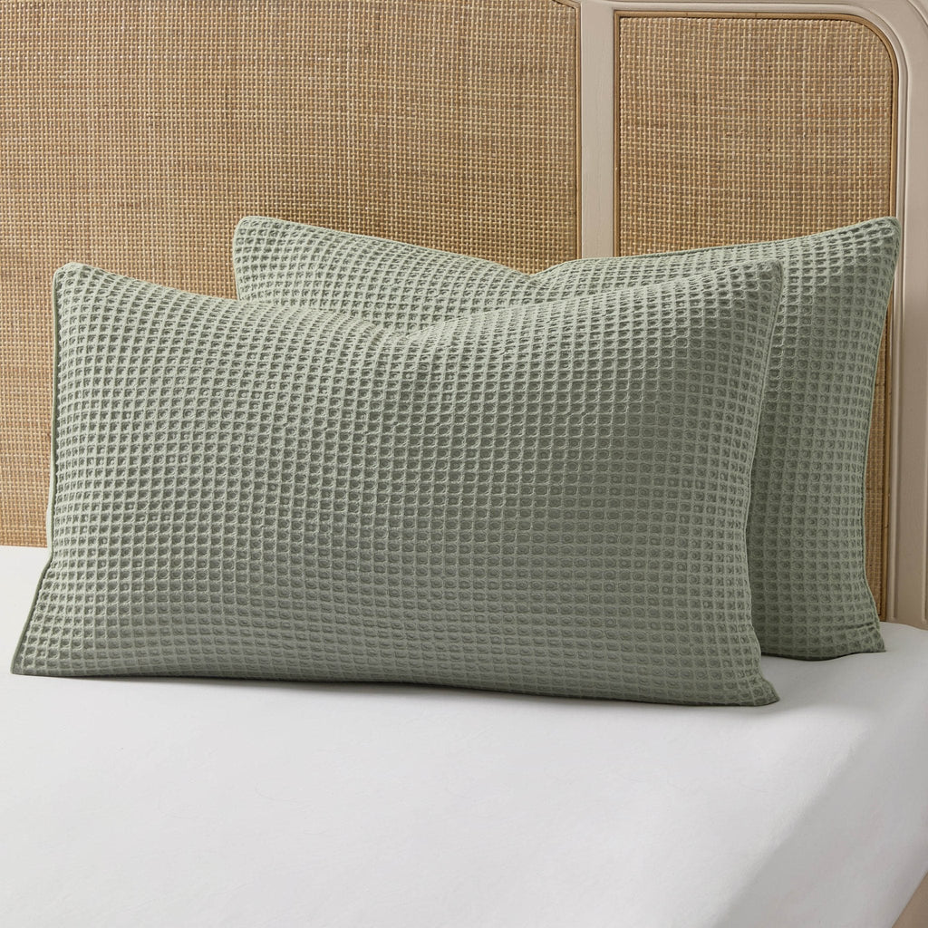 Dusklia - Portofino Waffle 100% Cotton Pair of Pillowcases 200 Thread Count - Sage Green