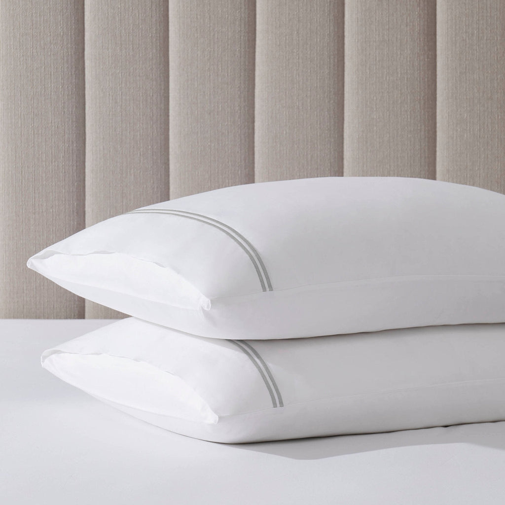 Dusklia - Regent Embroidered 100% Cotton Pair of Classic Pillowcases 400 Thread Count - Grey