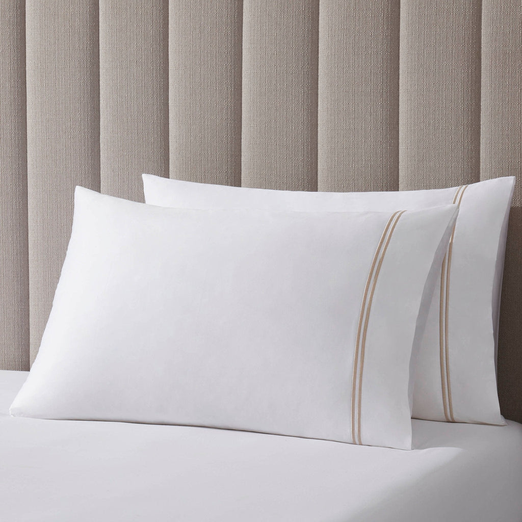 Dusklia - Regent Embroidered 100% Cotton Pair of Classic Pillowcases 400 Thread Count - Natural