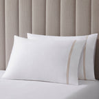 Dusklia - Regent Embroidered 100% Cotton Pair of Classic Pillowcases 400 Thread Count - Natural