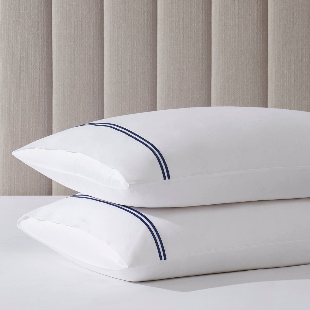 Dusklia - Regent Embroidered 100% Cotton Pair of Classic Pillowcases 400 Thread Count - Navy