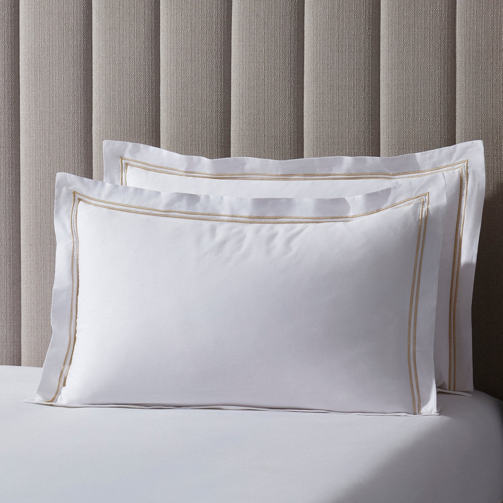 Dusklia - Regent Embroidered 100% Cotton Pair of Oxford Pillowcases 400 Thread Count - Natural