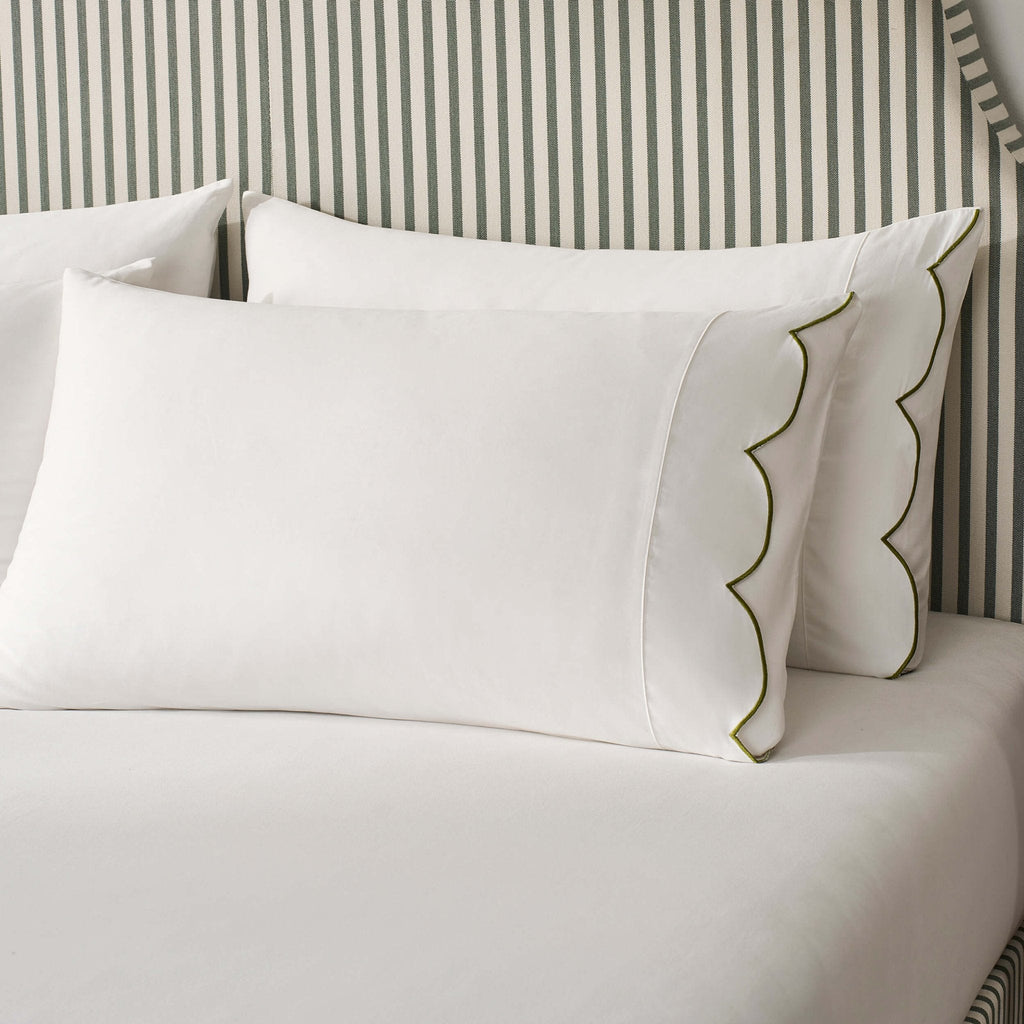 Dusklia - Pair of Simone Scallop Embroidered Edge Classic Pillowcases - Off White/Olive