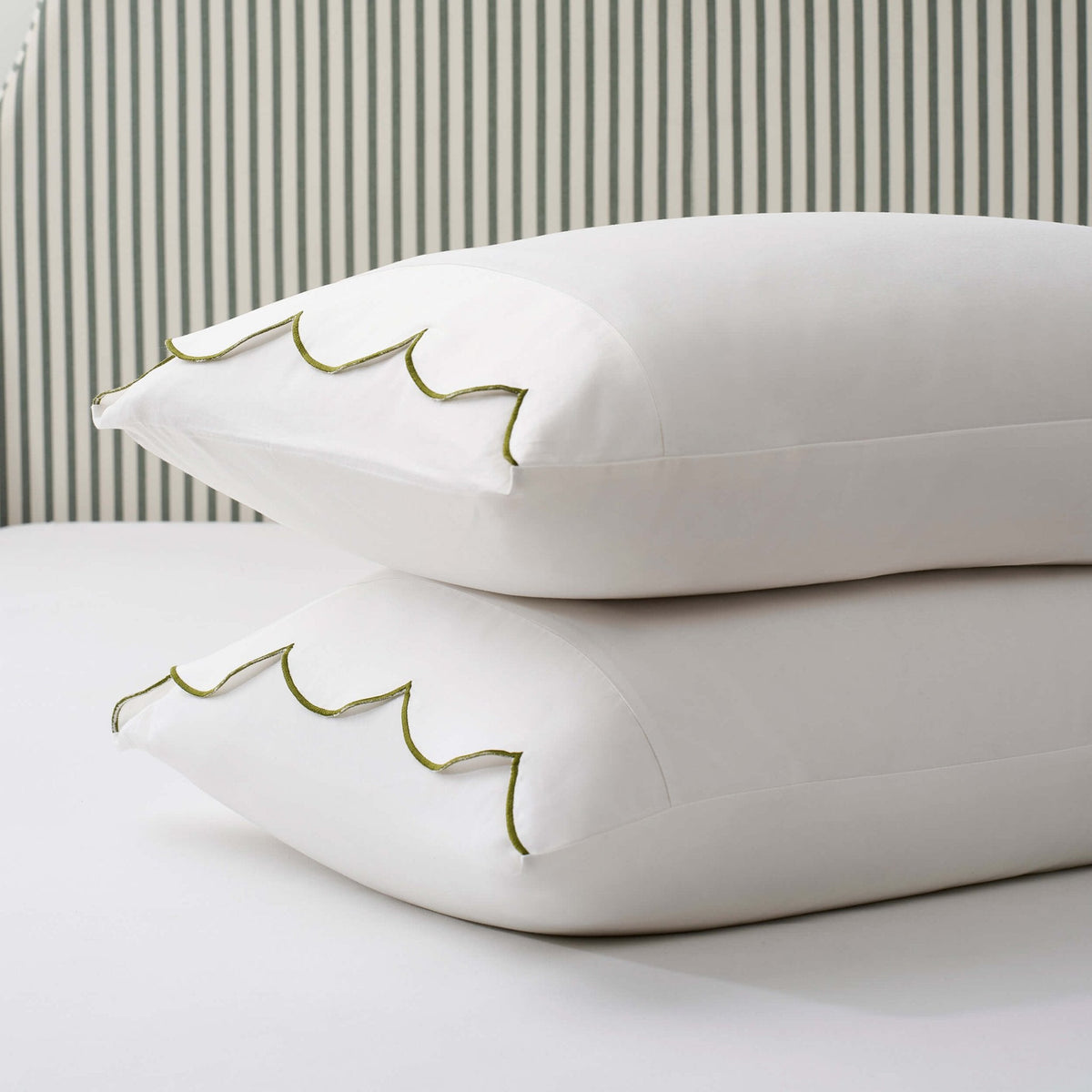 Dusklia - Pair of Simone Scallop Embroidered Edge Classic Pillowcases - Off White/Olive
