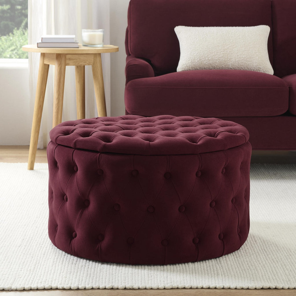 Dusklia - Paisley Buttoned Round Storage Pouffe - Berry