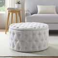 Dusklia - Paisley Buttoned Round Storage Pouffe - Light Grey
