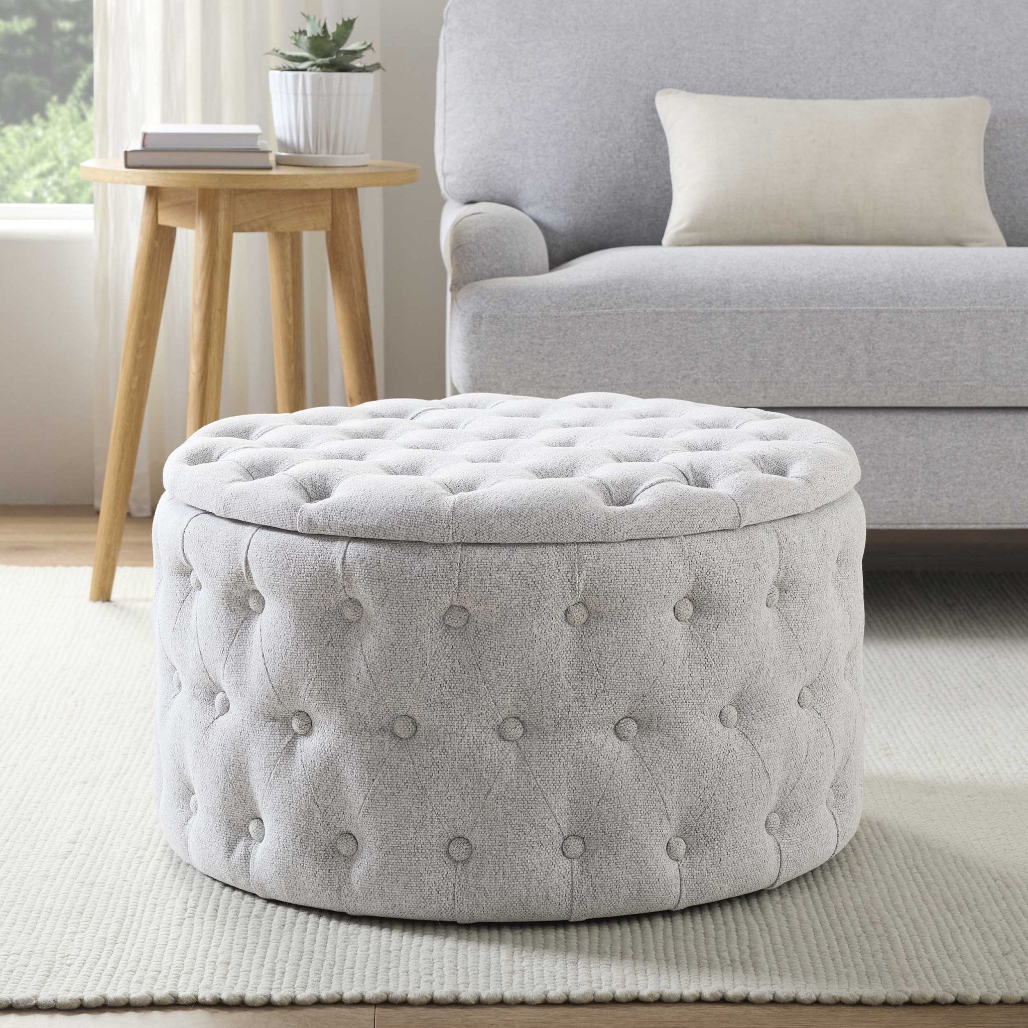 Dusklia - Paisley Buttoned Round Storage Pouffe - Light Grey