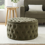 Dusklia - Paisley Buttoned Round Storage Pouffe - Olive