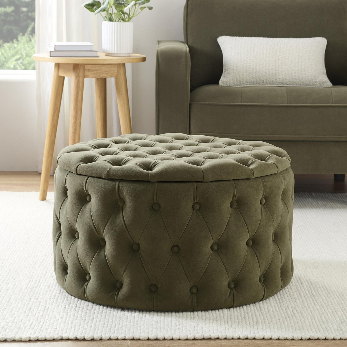Dusklia - Paisley Buttoned Round Storage Pouffe - Olive