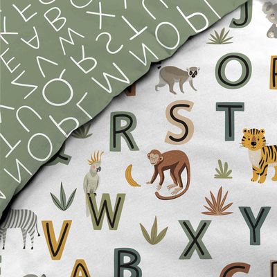 Parure de lit enfant TIGRY 140x200 cm – 100% coton – 1 taie tête de tigre – Réversible alphabet & jungle
