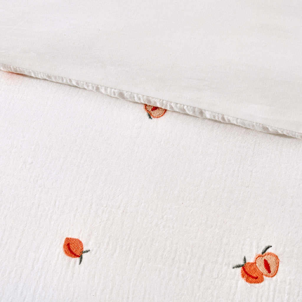 Dusklia - Peach Embroidery Cotton Muslin Duvet Cover & Pillowcase Set - White