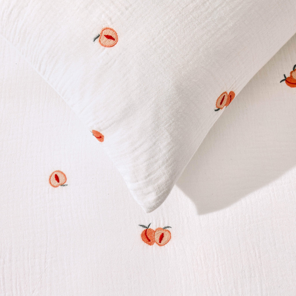 Dusklia - Peach Embroidery Cotton Muslin Duvet Cover & Pillowcase Set - White