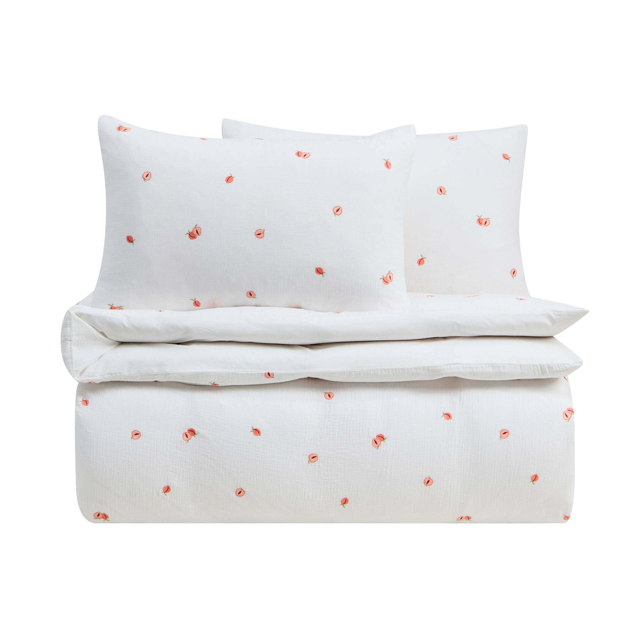 Dusklia - Peach Embroidery Cotton Muslin Duvet Cover & Pillowcase Set - White