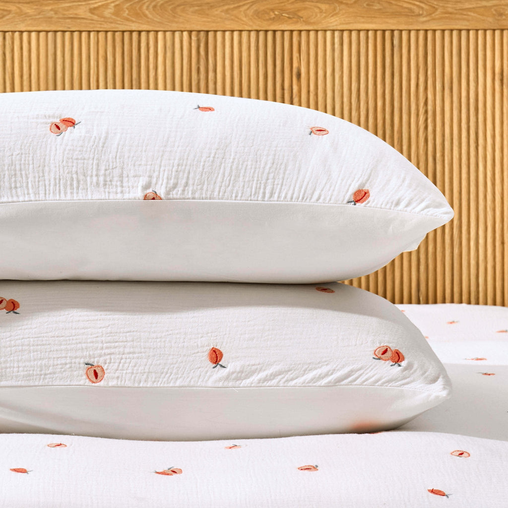 Dusklia - Peach Embroidery Cotton Muslin Duvet Cover & Pillowcase Set - White