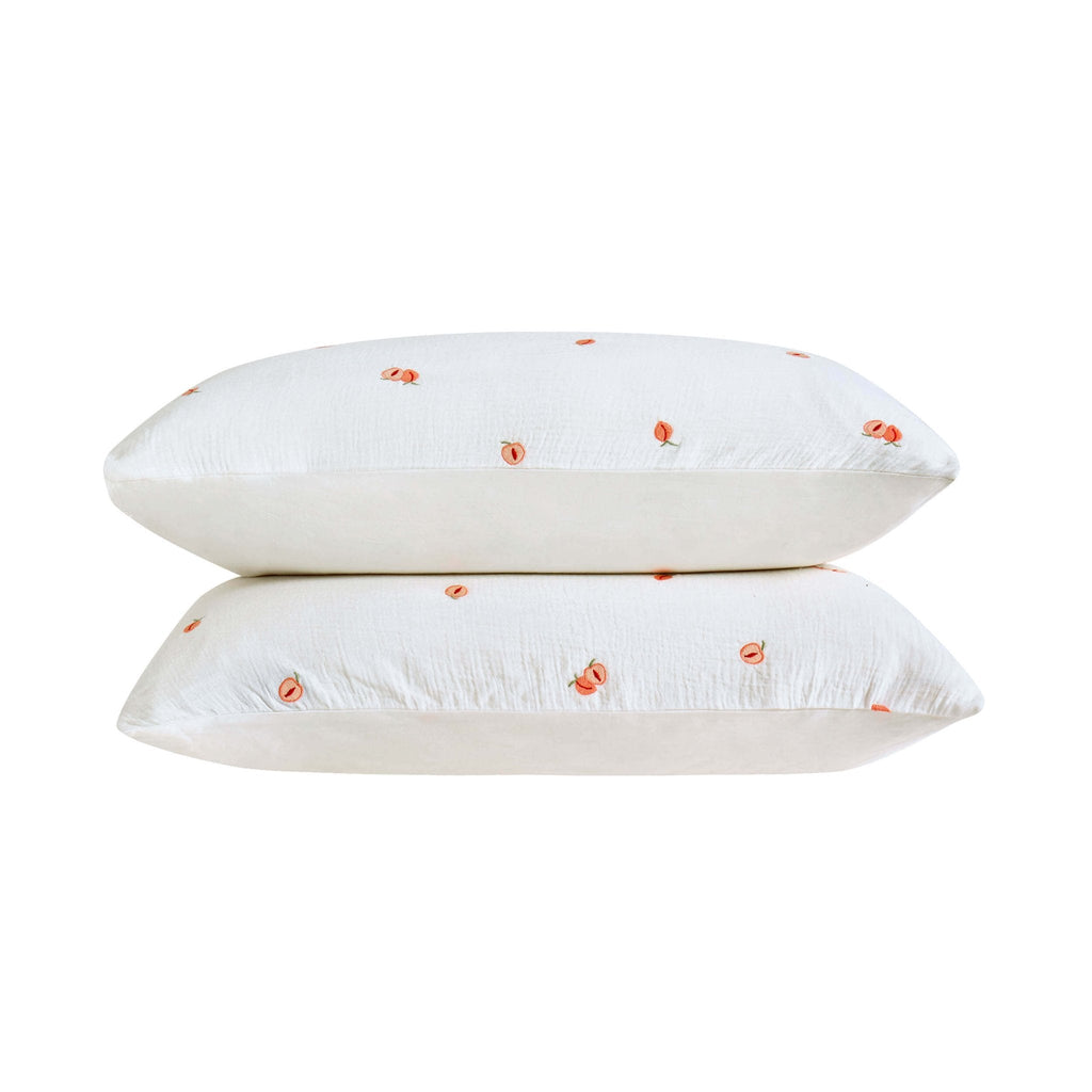Dusklia - Peach Embroidery Cotton Muslin Duvet Cover & Pillowcase Set - White
