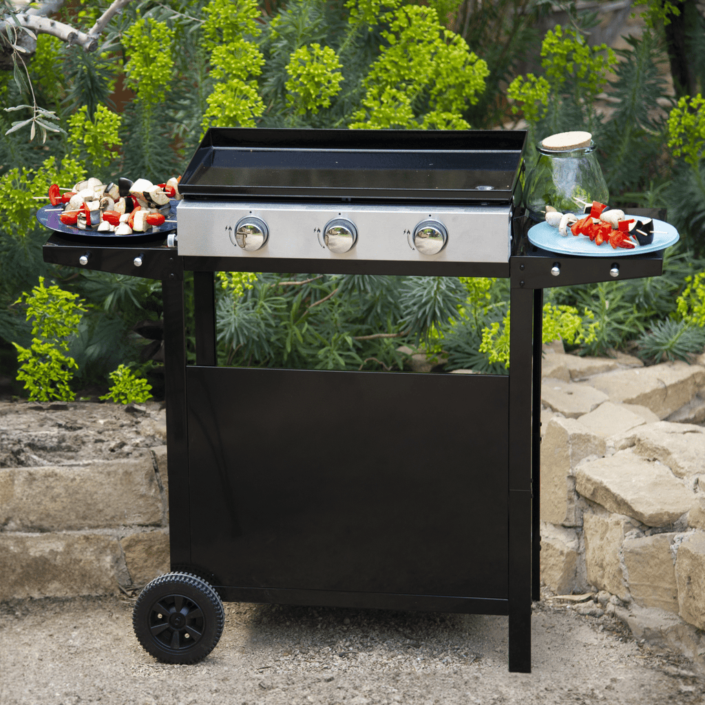 Plancha à gaz REVO Mérida – 3 brûleurs 6 kW avec chariot – Plaque en acier émaillé